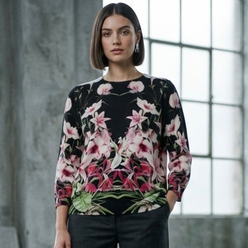 Ted Baker London Adolie Floral Cotton Sweater Black Pink Lily Print - Size 3 L